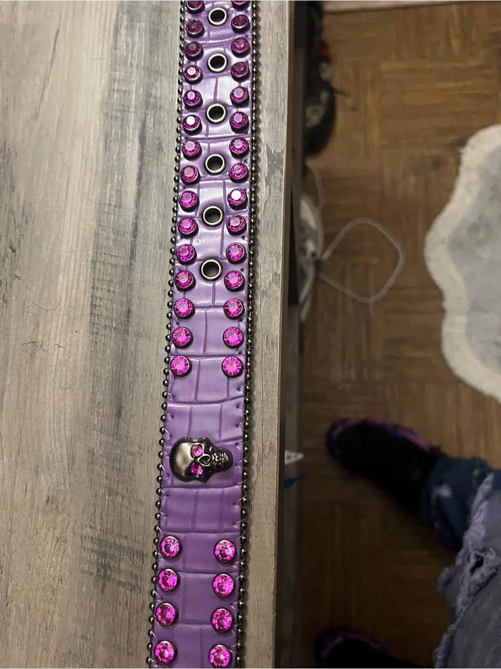 B.B. Simon Purple Leather Belt with Pink Crystal Studs and Skull Accent